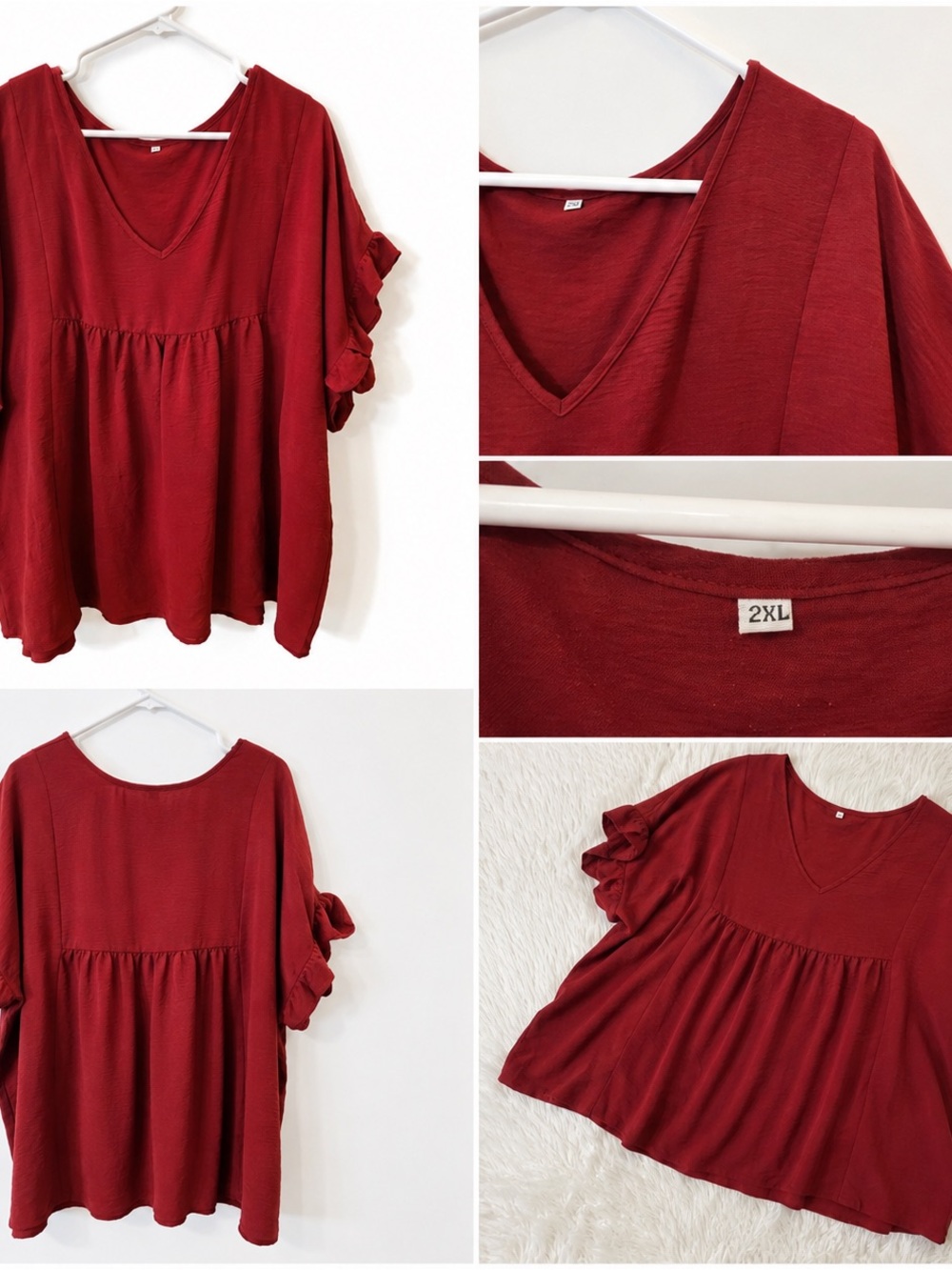 Women's V-Neck Babydoll Top - Rich Wine Red, Size 2XL